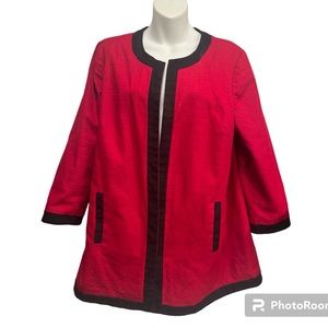 Chico’s red Blazer jacket in red with black trim. Chicos size 2 or large